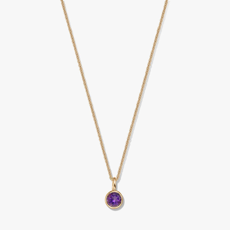 Gold-plated sterling silver necklace with a small round amethyst birthstone pendant on a white background.