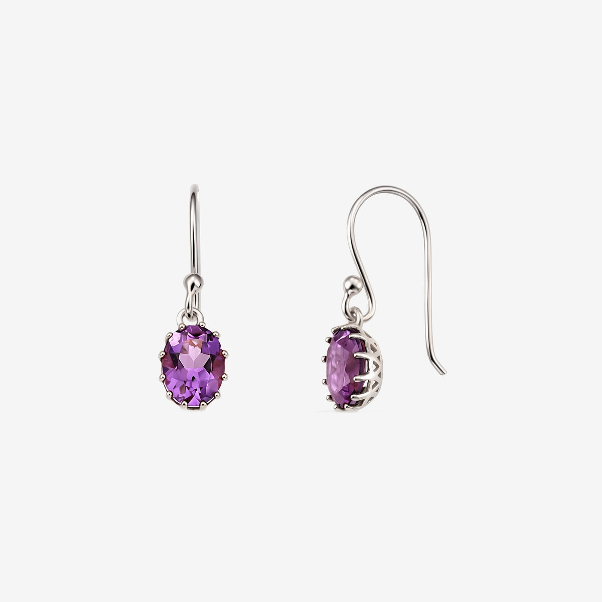 Serene Silver Earrings — oval faceted amethyst drops in silver prong settings on French hooks, shown front and side on a white background.