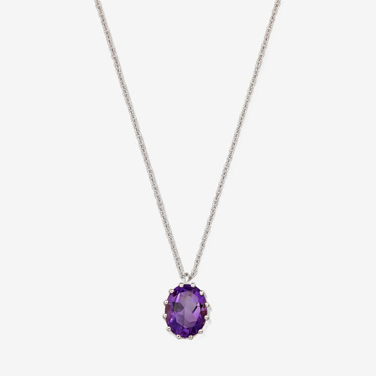 Sterling silver necklace with an oval faceted amethyst pendant on a white background.