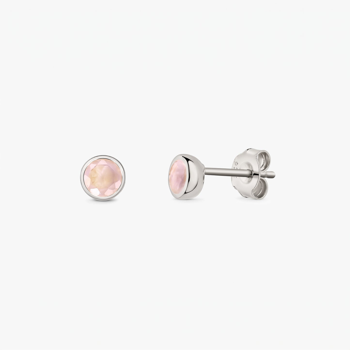 Pair of 925 sterling silver stud earrings with round faceted rose quartz stones on a white background, shown front and side with butterfly backs.
