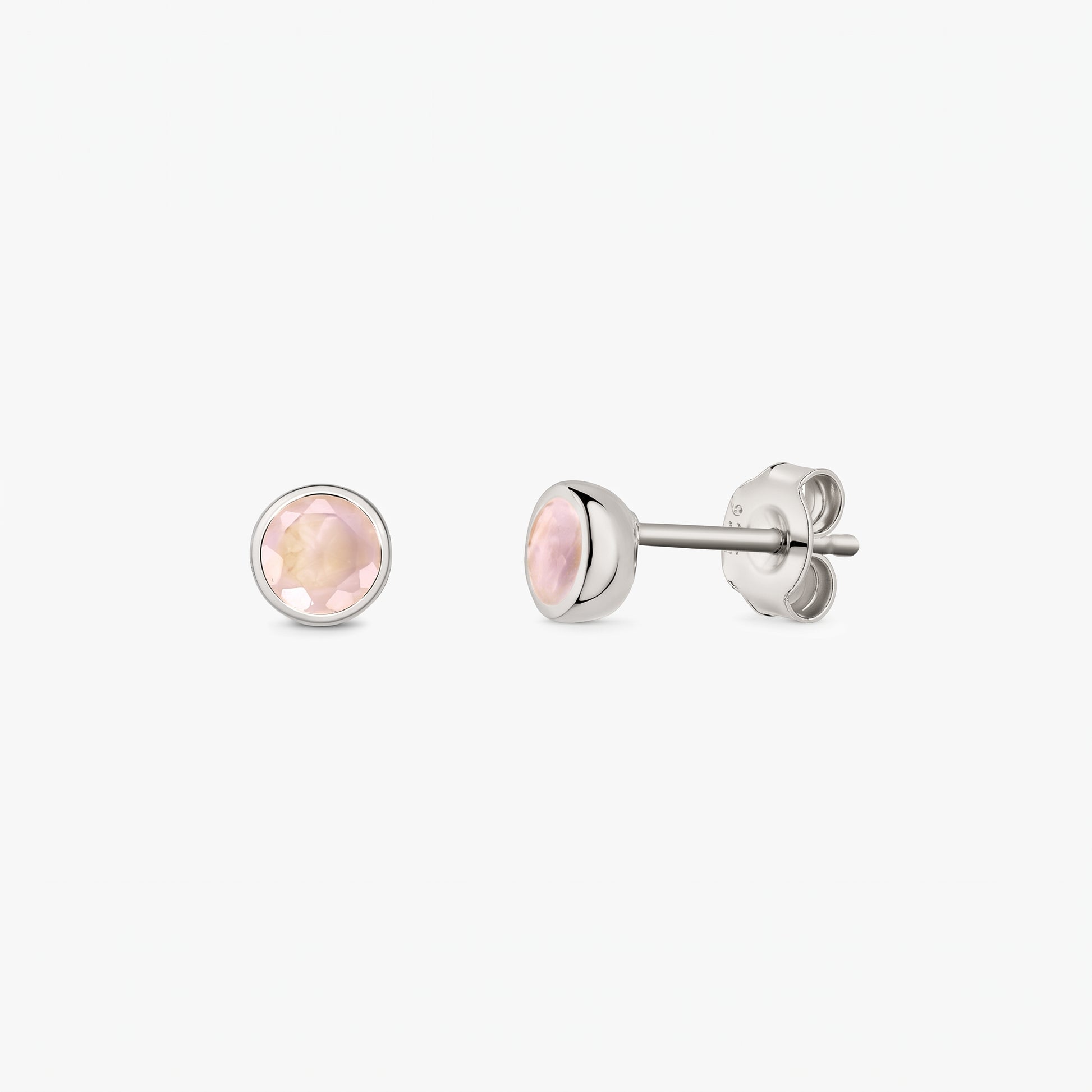 Pair of 925 sterling silver stud earrings with round faceted rose quartz stones on a white background, shown front and side with butterfly backs.