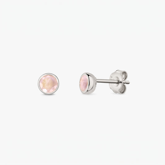 Pair of 925 sterling silver stud earrings with round faceted rose quartz stones on a white background, shown front and side with butterfly backs.