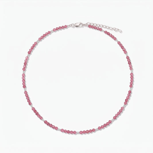 SummerScape silver necklace with pink tourmaline beaded strand, lobster clasp and extender chain, photographed on a white background.