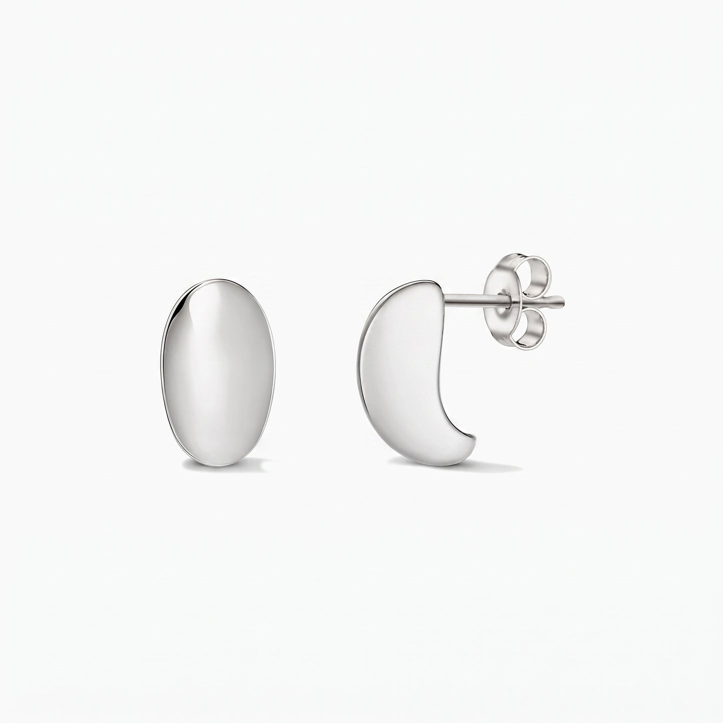 Pair of polished silver Half Dome stud earrings on a white background, shown in front and side views with butterfly backs.