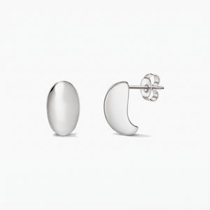 Pair of polished silver Half Dome stud earrings on a white background, shown in front and side views with butterfly backs.