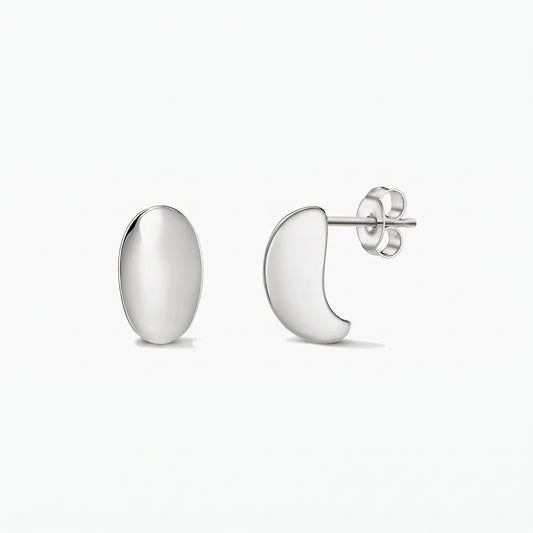Pair of polished silver Half Dome stud earrings on a white background, shown in front and side views with butterfly backs.