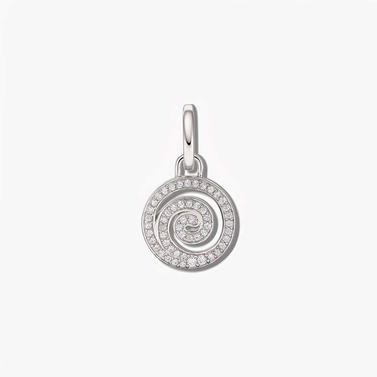 Sterling silver spiral pendant with white zirconia pavé on a clean white background.