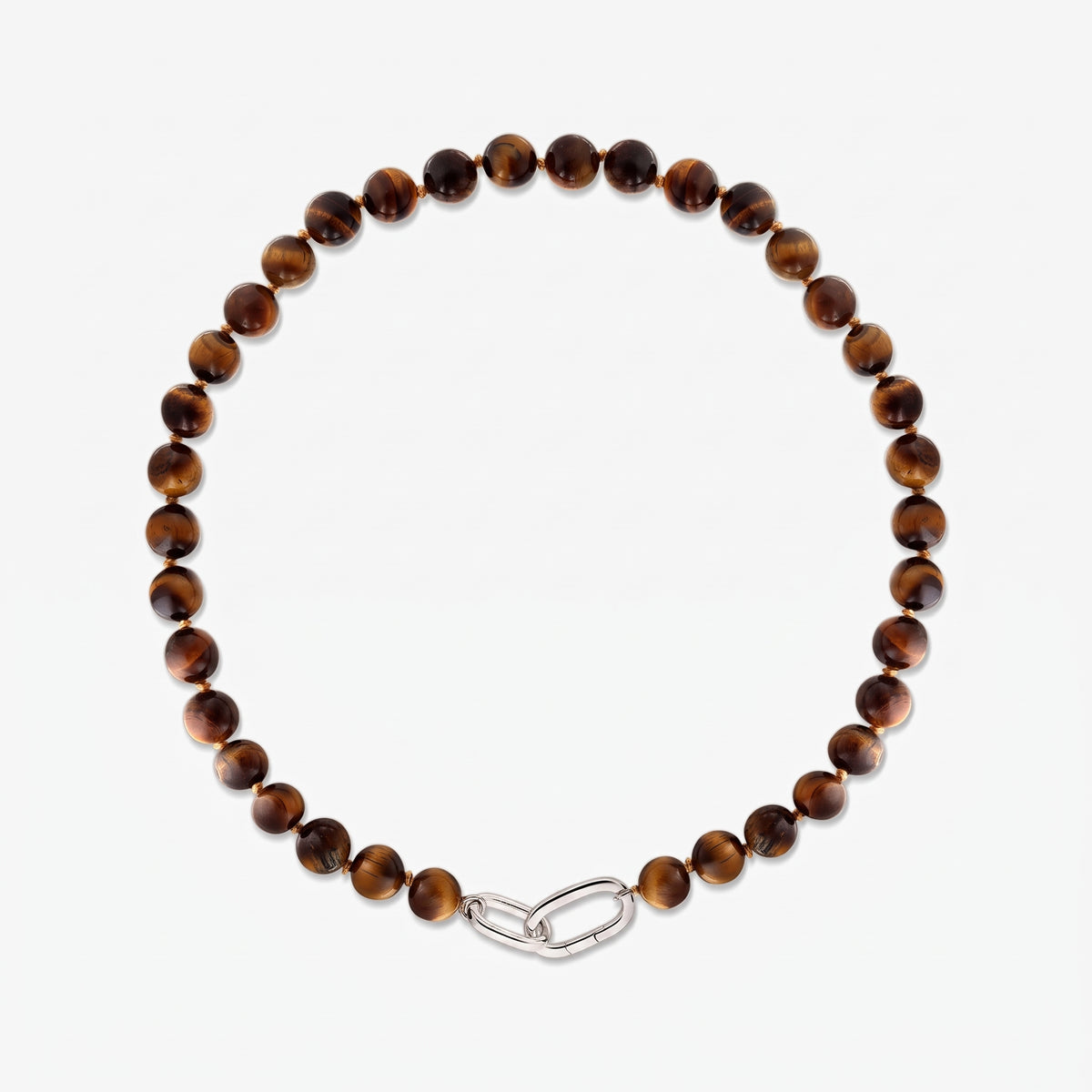 Mareille sterling silver necklace with round tiger’s eye beads and an oval link clasp on a white background.