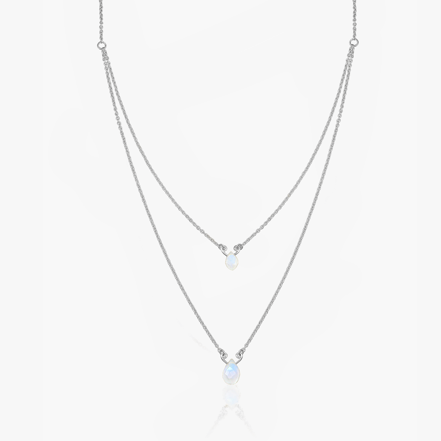 Double rainbow moonstone necklace on a white background.